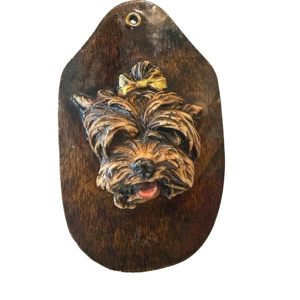 Vintage 3D Yorkshire Terrier Dog Wood Wall Plaque Collectible 1970s